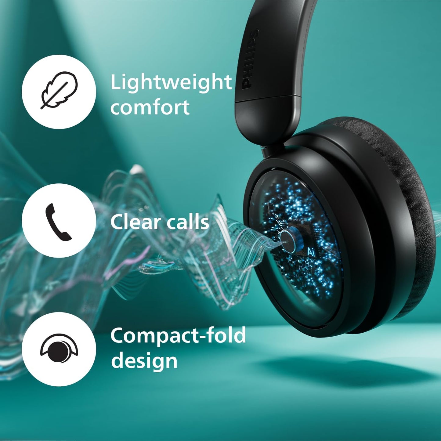 PHILIPS TAH5209BK/00 Lightweight On Ear Wireless Bluetooth Headphones with Passive Noise Isolation - 65 Hours Play Time, Natural Sound, Clear Calls, Dynamic Bass, 2 Hours USB-C Charging
