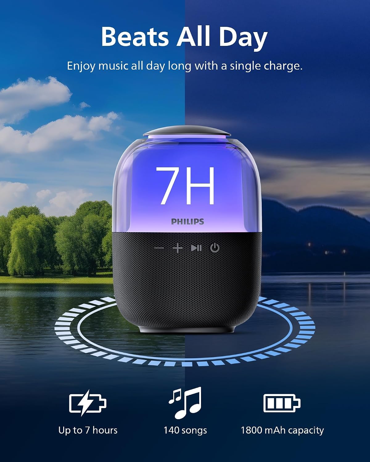 Philips S2108 Portable Bluetooth Speaker,Wireless Speakers with Punchy Bass,7 H Battery,TWS Pairing,Support Stereo Sound,Bluetooth 5.3 or TF Card,10W Output Power,Lighting Modes,Compact