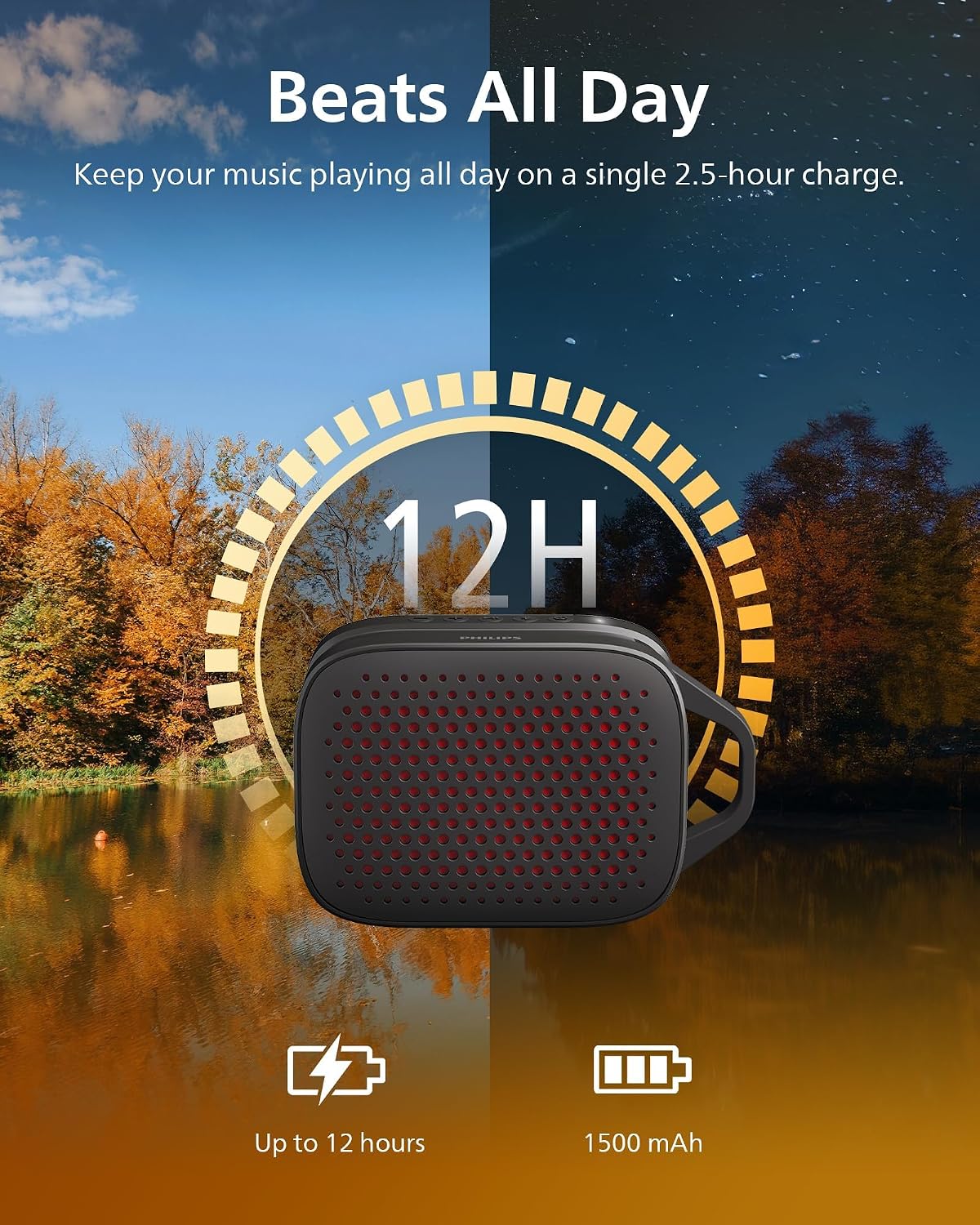 PHILIPS TAS1209 Portable Bluetooth Speaker,Wireless Speakers with Extra Bass,Quality Sound,12H Battery,TWS Pairing,Support Stereo Sound,Bluetooth 5.3,IPX4 Waterproof,for Indoor & Outdoor,Small