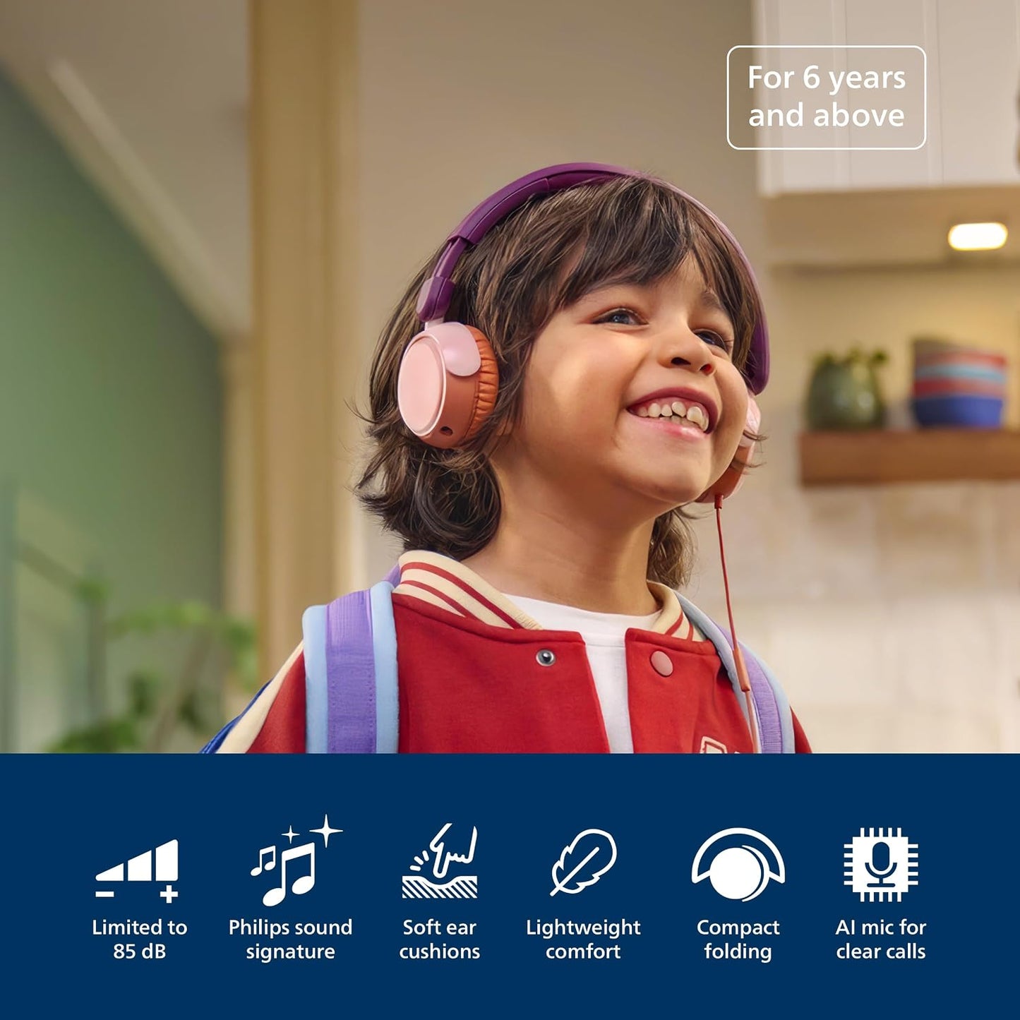 Philips K2000 Lightweight On-Ear Wired Kids Headphones - Built-in Mic, Safe Volume Limited, Audio Sharing, Foldable, Durable & Customizable