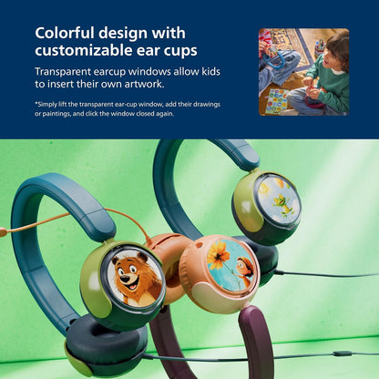 Philips K2000 Lightweight On-Ear Wired Kids Headphones - Built-in Mic, Safe Volume Limited, Audio Sharing, Foldable, Durable & Customizable